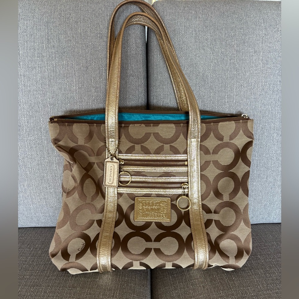 Super Clean Coach Poppy Gold Art Glam Tote Shoulder Bag